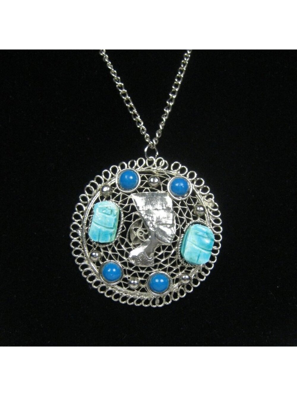 Egyptian Revival Faux Scarab Nefertiti Faux Pendant Necklace Vintage 1970s